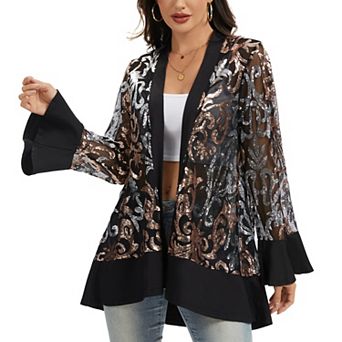 Women' s Sequin Mesh Cardigan with Sheer Embellished Sleeves and Flowing Open Front Design