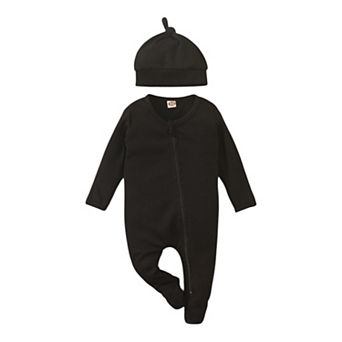 Baby Boys Black Waffle Knit Zipper Footie with Hat
