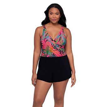 Women's Trimshaper Kim One-Piece Swimsuit with V-Neck and Tropical Print
