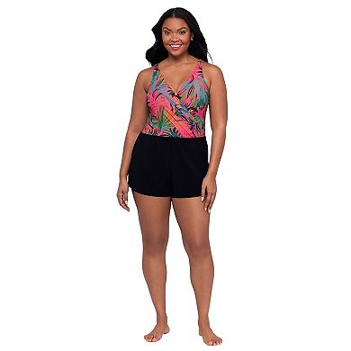 Women's Trimshaper Kim One-Piece Swimsuit with V-Neck and Tropical Print