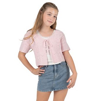 Girls 7-12 Tween Diva 3 pc Short Sleeve Cardigan, Cami & Bow Denim Skort Set
