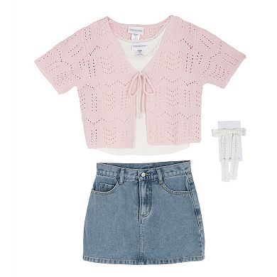Girls 7-12 Tween Diva 3-pc. Short Sleeve Cardigan, Cami & Bow Denim Skort Set