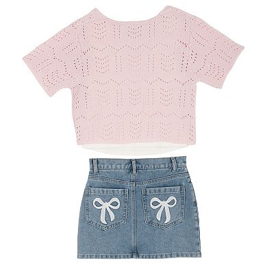Girls 7-12 Tween Diva 3-pc. Short Sleeve Cardigan, Cami & Bow Denim Skort Set
