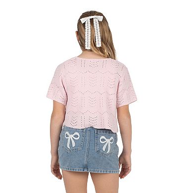 Girls 7-12 Tween Diva 3-pc. Short Sleeve Cardigan, Cami & Bow Denim Skort Set