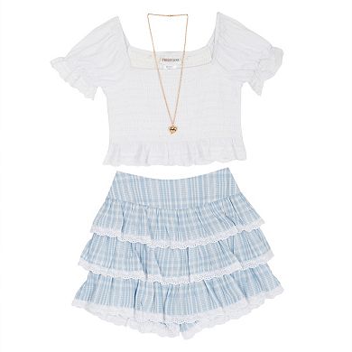 Girls 7-16 Tween Diva 2-Piece Smocked Puff Sleeve Top & Tiered Skort Set