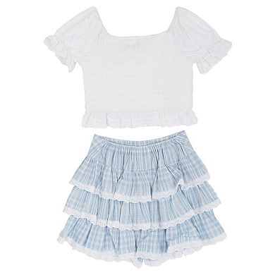 Girls 7-16 Tween Diva 2-Piece Smocked Puff Sleeve Top & Tiered Skort Set
