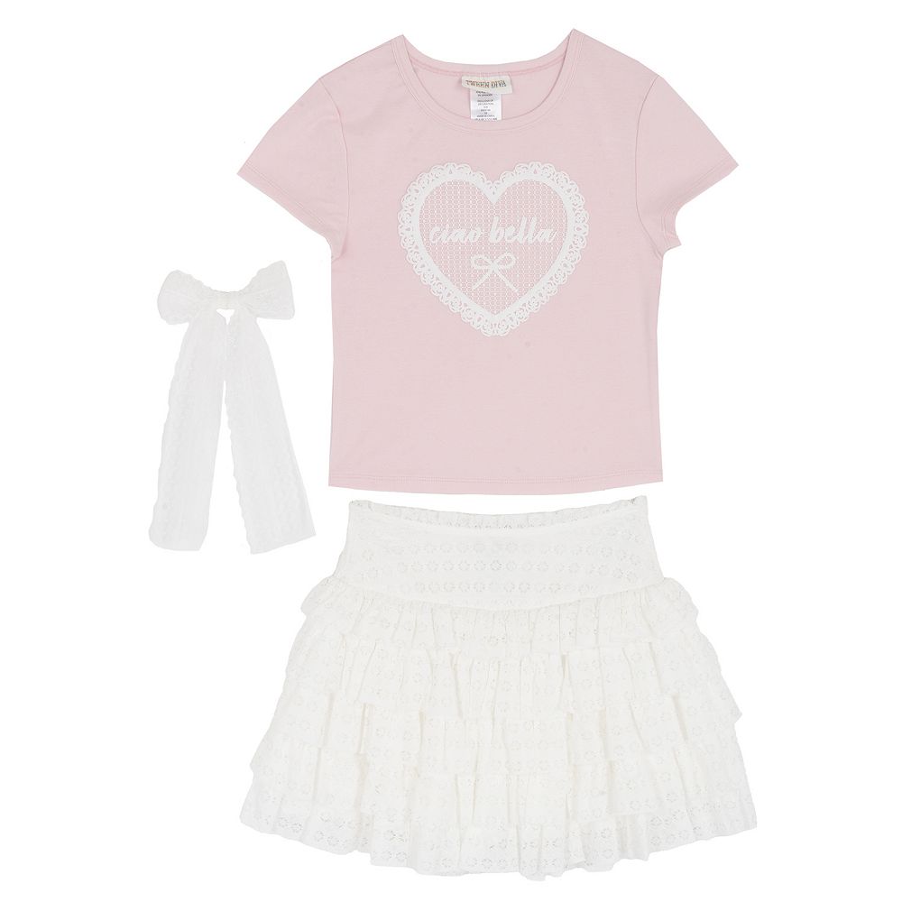 Girls' 7-12 Tween Diva 2-Piece Graphic Tee & Stretch Lace Tiered Skort Set