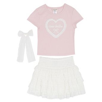Girls' 7-12 Tween Diva 2 pc Graphic Tee & Stretch Lace Tiered Skort Set