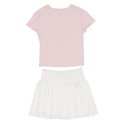 Girls' 7-12 Tween Diva 2-Piece Graphic Tee & Stretch Lace Tiered Skort Set