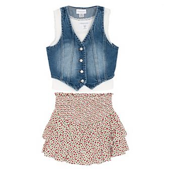 Juniors' Tween Diva 3 pc Denim Vest & Strawberry Printed Tiered Skort Set