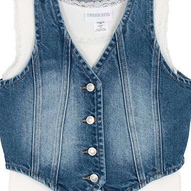 Juniors' Tween Diva 3-pc. Denim Vest & Strawberry Printed Tiered Skort Set