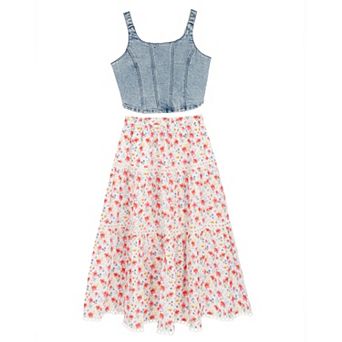 Girls 7-12 Tween Diva 2 pc Stretch Denim Faux Corset Top & Floral Printed Maxi Skirt