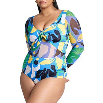 ELOQUII Women's Plus Size Tie Front Mixed Media One Piece Swimsuit