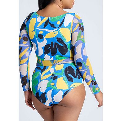 ELOQUII Women's Plus Size Tie Front Mixed Media One Piece Swimsuit