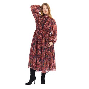 June & Vie Women's Plus Size Mock-Neck Chiffon Midi Dress