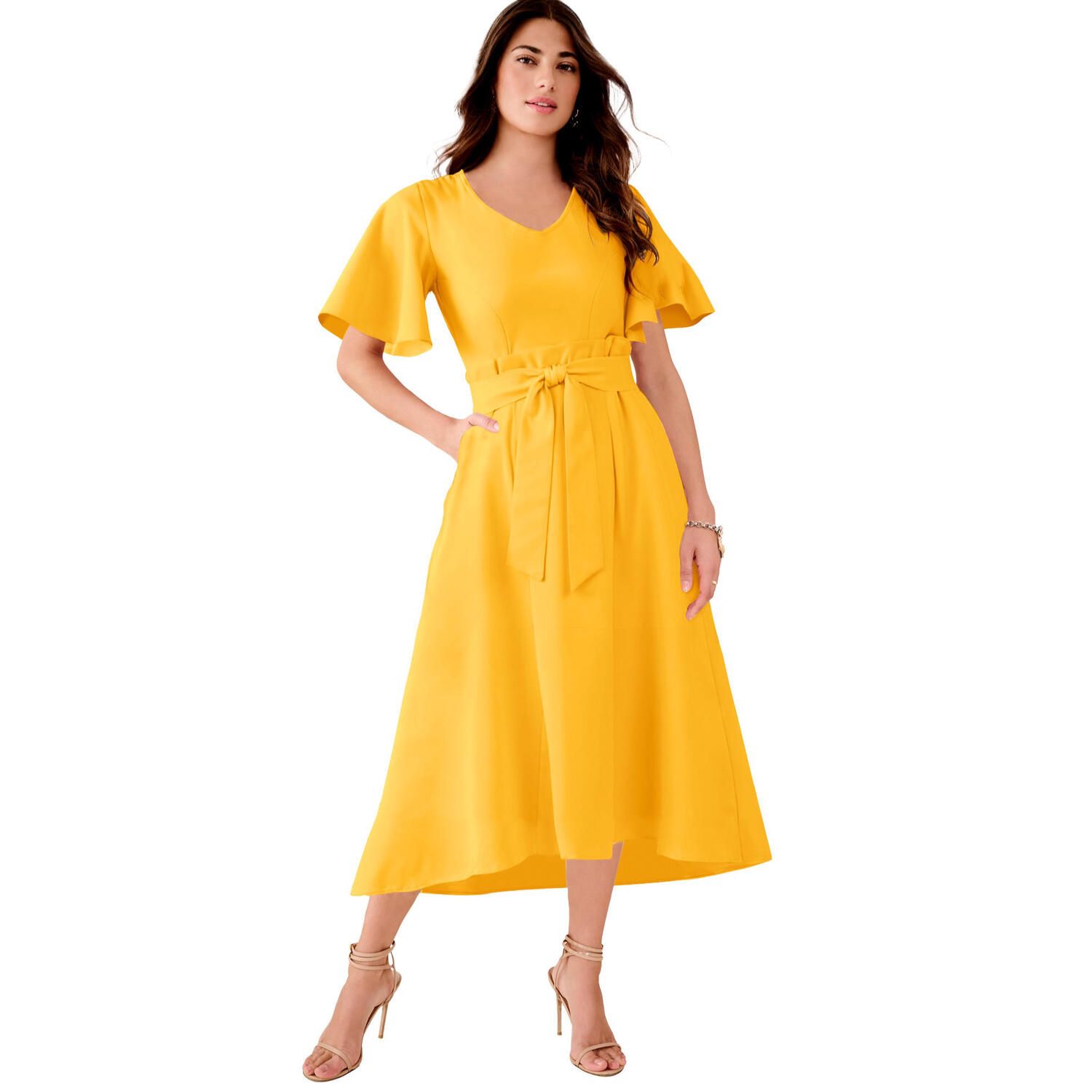 Женские платья Roaman's Plus Size Flutter Sleeve V-Neck Fit And Flare Bi-Stretch Maxi Dress — фото 1