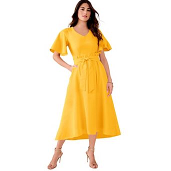 Roaman's Women's Plus Size Flutter Sleeve V-Neck Fit And Flare Bi-Stretch Maxi Dress