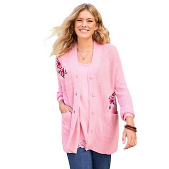 Woman Within Plus Size Embroidered Shaker Cardigan Sweater