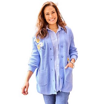 Woman Within Plus Size Embroidered Shaker Cardigan