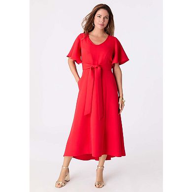 Roaman's Women's Plus Size Flutter Sleeve V-Neck Fit And Flare Bi-Stretch Maxi Dress