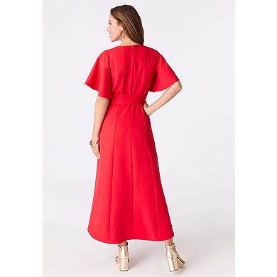 Roaman's Women's Plus Size Flutter Sleeve V-Neck Fit And Flare Bi-Stretch Maxi Dress