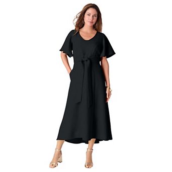 Roaman's Women's Plus Size Flutter Sleeve V-Neck Fit And Flare Bi-Stretch Maxi Dress