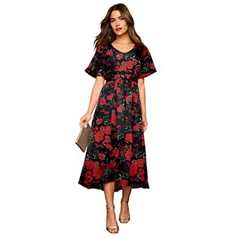 Roaman's Women's Plus Size Flutter Sleeve V-Neck Fit And Flare Bi-Stretch Maxi Dress