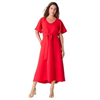 Roaman's Women's Plus Size Flutter Sleeve V-Neck Fit And Flare Bi-Stretch Maxi Dress