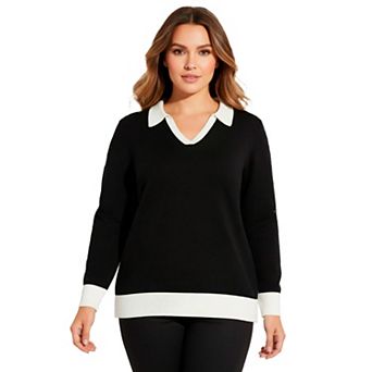 Avenue Women's Plus Size Color Block Polo Sweater