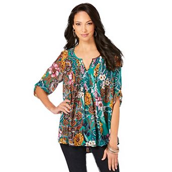 Roaman's Women's Plus Size Tara Pleated Shirt Adjustable 3/4 Sleeve Swing Tunic With Notch Collar