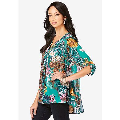 Roaman's Women's Plus Size Tara Pleated Shirt Adjustable 3/4 Sleeve Swing Tunic With Notch Collar