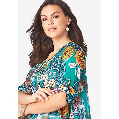 Roaman's Women's Plus Size Tara Pleated Shirt Adjustable 3/4 Sleeve Swing Tunic With Notch Collar