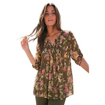 Roaman's Women's Plus Size Extended Plus Size Tara Pleated Shirt Adjustable 3/4 Sleeve Swing Tunic