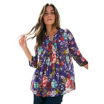 Roaman's Women's Plus Size Extended Plus Size Tara Pleated Shirt Adjustable 3/4 Sleeve Swing Tunic