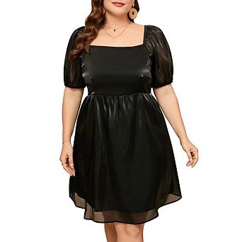 Women's Plus Size Tulle Dress Square Neck Puff Sleeve Puffy Babydoll Mesh Mini Dress