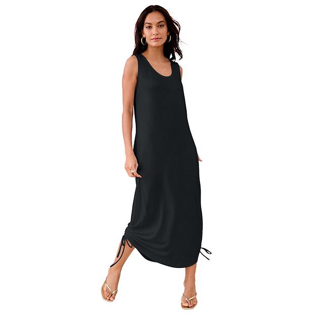 Roaman's Women's Plus Size Stretch Knit Sleeveless Midi Dress With Ruched Hem Detail, Size: 34/36, Black