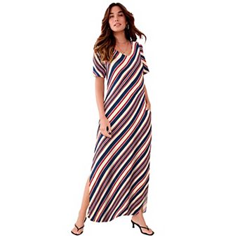 Roaman's Women's Plus Size Stretch Knit Short Sleeve Maxi Dress With Side Slit Detail