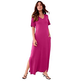Roaman's Women's Plus Size Stretch Knit Short Sleeve Maxi Dress With Side Slit Detail