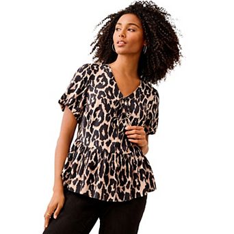 ellos Plus Size V-Neck Flounce Hem Blouson Sleeve Blouse