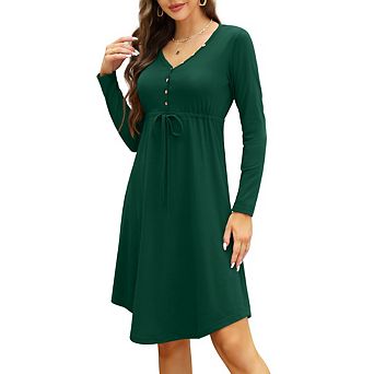 Women's Long Sleeve Dress Trendy Fashion Crew Neck Button Down Fit Flare Midi Dresses