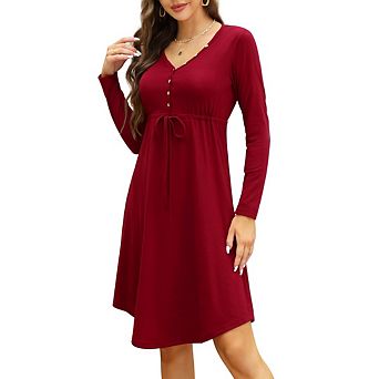 Women's Long Sleeve Dress Trendy Fashion Crew Neck Button Down Fit Flare Midi Dresses