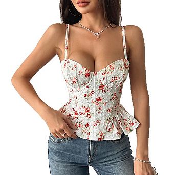 Womens Corset Floral Print Cami Sleeveless Ruffle Bustier Top
