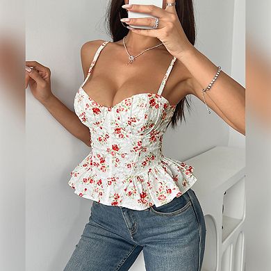 Womens Corset Floral Print Cami Sleeveless Ruffle Bustier Top