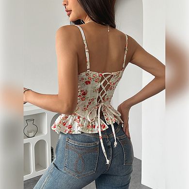 Womens Corset Floral Print Cami Sleeveless Ruffle Bustier Top