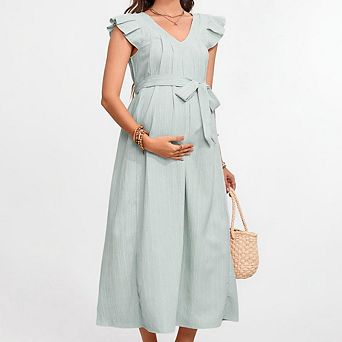 Maternity V Neck Dress Ruffle Cap Sleeve Summer Pleated Midi Dress with Belt Baby Shower