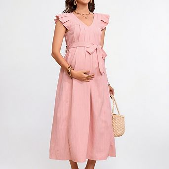 Maternity V Neck Dress Ruffle Cap Sleeve Summer Pleated Midi Dress with Belt Baby Shower