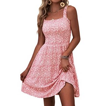 Womens Sleeveless Square Neck High Waist A Line Pocket Summer Dress
