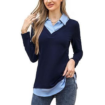 Women's Plus Size Striped Shirts 2 in 1 Collared Work Business Shirt Fall Trendy Outfits