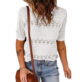 Women's Crochet Knit Top Short Sleeve Hollow Sweater Boho Chic Blouse