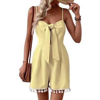 Womens Summer Short Rompers Tie Front Jumpsuit Casual V Neck Wide Leg Beach Overalls